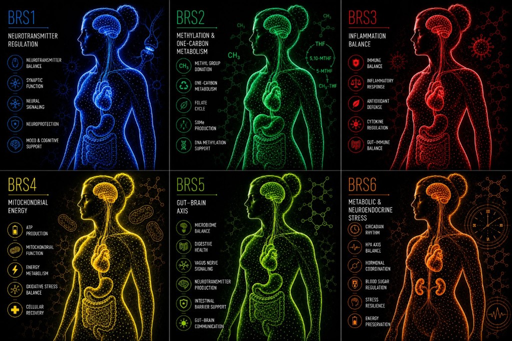 The six Biological Regulatory Systems: neurotransmitter regulation, methylation and one-carbon metabolism, inflammation balance, mitochondrial energy, gut–brain axis, and metabolic and neuroendocrine stress