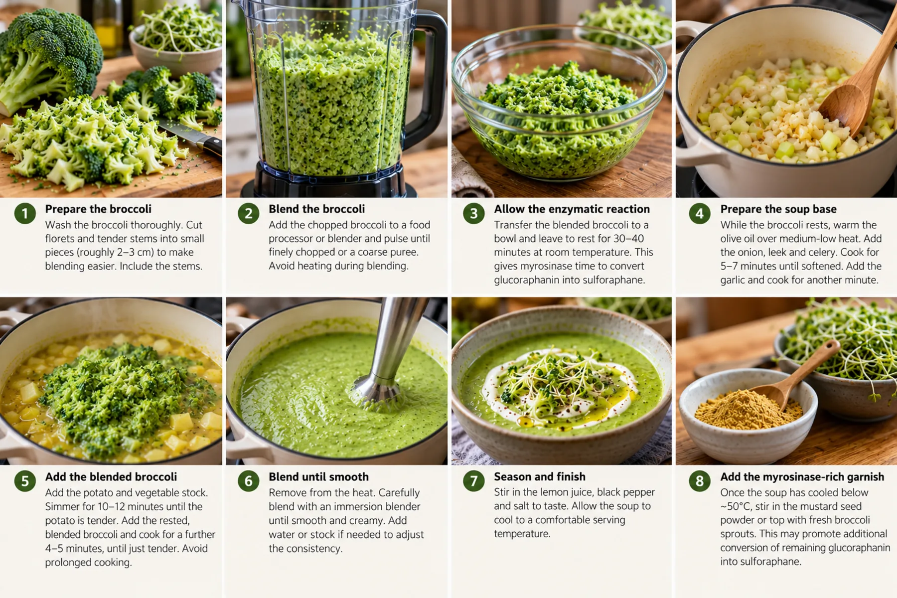 Eight-step method for broccoli, potato and onion soup, from chopping the broccoli to the mustard or sprout garnish